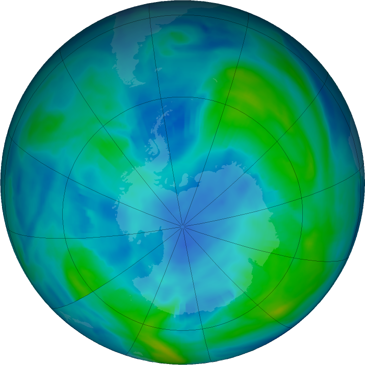 Antarctic ozone map for 29 April 2020